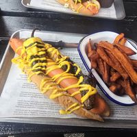 Vegan Moving Mountains Hotdog and Sweet potato Fries at Ambleside Tap Yard in Ambleside