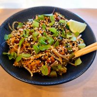 Asparagus and mushroom yakisoba with teriyaki sauce and sesame seeds. at GULA. in Guarda