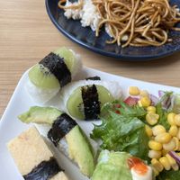 Vegan sushi, rice, noodles, salad  at Konnichiwa in Kotka