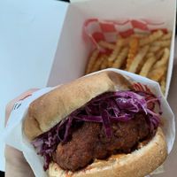 Hot chicken sandwich during the peach and pine pop up  at Hot Chicken Mama in Blue Point