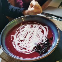 Vegetarian veluté of beetroot (not vegan) at Rifugio Tamai in Sutrio