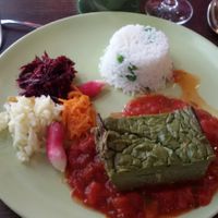 Broccoli cake (vegetarian dish served with vegetables and rice) at Le Jardin Interieur in Lyon