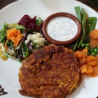 Tact Tacu (vegan main: white beans and rice cake with vegetables) at Le Jardin Interieur in Lyon