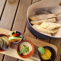 Two hummuses, one lentil spread, baguette at Malom és Kacsa in Tata