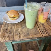 Vegan breakfast sandwich + Iced Oat Matcha Latte  at Caffè Nero - Summer St in Boston