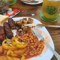 Big vegan breakfast with coffee and beer at The English Bakery Cafe in Gran Canaria