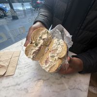 Everything bagel with tofu scallions schmere  at Ess a Bagel - W 32nd in New York City