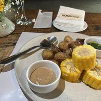 Corn and potatoes with pesto and mustard sauces  at Arte e Bistro Cafe in Rio De Janeiro