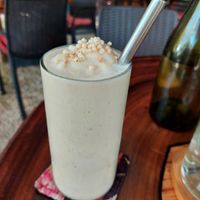 Banana peanut smoothie 105 pesos at Agni Vital Kitchen in Bacalar