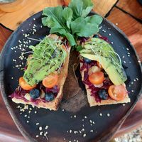 Avocado toast 185 pesos at Agni Vital Kitchen in Bacalar