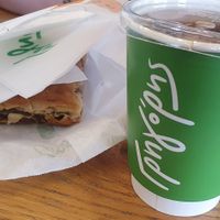 Oat milk latte and vegan mushroom pie at Gregory's in Rhodes