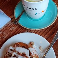 Matcha latte and salted caramel pecan cinnamon bun 😋 at The Coffee Sack in Prestwich