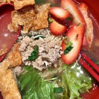 Kang su noodle soup with minced mock meat, mock BBQ pork and bean curd at Kang Su Vegetarian 康素 - Orchard in Central Singapore
