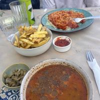 Spaghetti with tomato sauce, french fries and lentil soup   at Haïri in Pieria