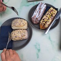 2 pecan cakes, cream croissant and raspberry-thyme croissant at WAY Plant Based Bake House in Ghent