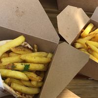 Gyro stuffed with chips! Also included: aubergine, onions, tomatoes  at The Ionian Farmshop & Kitchen in Dursley