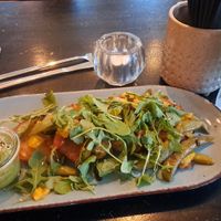 Potatoe roesti with veggies and water with mental and cucumber at Unicafé in Wurzburg