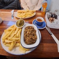 Vegan haggis and chips, mushy peas at The Oban Fish & Chip Shop in Oban