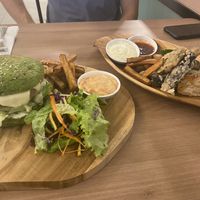 Chick-un burger and fish and chips  at Moringa Plant-Based Restaurant in Kuta