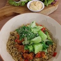 Not-squid, Chick-un burger at Moringa Plant-Based Restaurant in Kuta