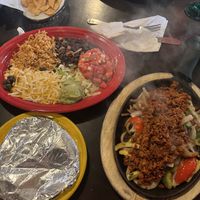 Vegetarian Fajitas with vegan chorizo and soy cheese   at Miguel's Mexican Restaurant in Bangor