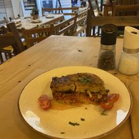 Vegan moussaka (soya & eggplant)  at Diporto in Corfu