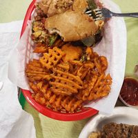 Black bean burger with sweet potato fries at Roots - UCSD in La Jolla