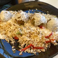 Falafel rice meal with tahini sauce at Chapter One in Gran Canaria