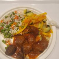 Vegan veggie balls with rice and cooked veggies at IKEA in Fishers