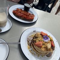Tomato toast and pancake stack  at Bonjour in Tarifa