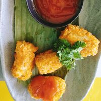 We already ate some, crumbed tofu, switched sauce to vegan at Melon Café in Amed