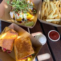 Breakfast wrap - scramble tofu, hash brown, beetroot and spinach
Tacos - fried cauliflower, cucumber, corn, spring onion, aioli at The Orange Box in North Fremantle