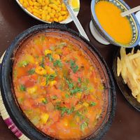 Takuti salad, white beans, vegetable soup and french fries at Chez Omar in Essaouira
