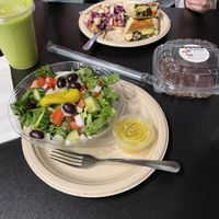 Greek salad, coqui verde smoothie, bean burrito, cookie dough bar!!  at See You in Health in North Royalton