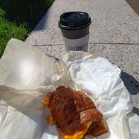 Coffee and the Vegan deluxe bun, pictured a few blocks away at Gregorys Coffee in Washington