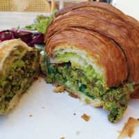 Croissant with asparagus burger and artichoke cream at Ethique Plant-based in Istanbul
