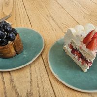 Blueberry tart; strawberry cake at Ethique Plant-based in Istanbul