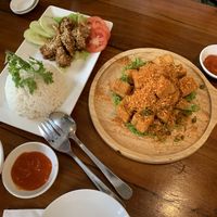 Hongkong Tofu on the right and chicken on the left  at Nhà Hàng Chay NẤM in Phu Quoc