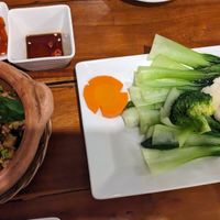 Steamed vegetables with caramelized dipping sauce at Nhà Hàng Chay NẤM in Phu Quoc