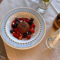 Vegan dessert - Buckwheat pie, green apples and carrots; caramelized with brown sugar mixed berries soup and almond milk granita.  at La Goletta  in Bellagio
