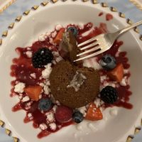Vegan buckwheat pie, Green appels and carrots , caramelized with brown sugar, mixed berries soup and almond milk granita   at La Goletta  in Bellagio