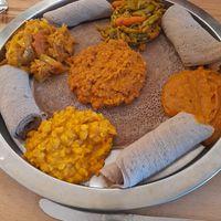 Injera and toppings (September 2023) at Lula's Ethiopian and Eritrean Cuisine in Oxford