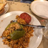 Topical Greek dish: Stuffed peppers and tomatoes with rice at Psatha in Preveza