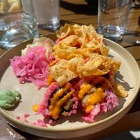 Pink sensei sushi with vegan chili mayo  at Din Din club in Sundbyberg