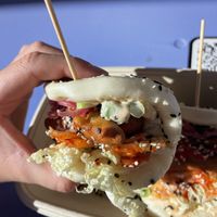 Bao bun - vegan with kimchi, asparagus, vegan mayo, spring onions, cabbage no cilantro   at Silk Road in Oslo