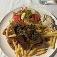 vegan Gyros with Pita, French fries and Hummuss  at Castellan Restaurant in Rhodes