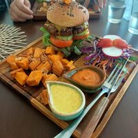 Burger with sweet potato fries at Pure Vegan Heaven - Thong Sala in Koh Phangan