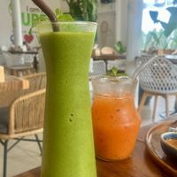 Huge green power smoothie and their juice “punch” 👌  at Pure Vegan Heaven - Thong Sala in Koh Phangan