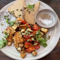 Funguy & Temp-tress Plate, $4.50. One of the best vegan dishes I’ve ever had. I don’t know how they cooked the tempeh, but I know I liked it.  at The Little Red Fox Espresso in Siem Reap