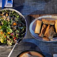 Quinoa salad and spring rolls - new vegan additions in their menu at Mouria 1923 in Kymi